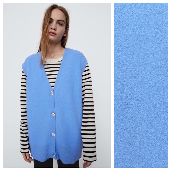 NWT. Zara Blue Soft Touch Bejewelled Buttons Waistcoat. Size M. - Picture 3 of 11